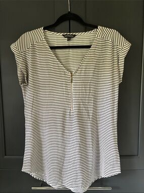 Express White and Black Striped Short Sleeve Zip V-Neck Top